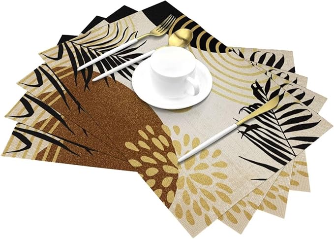 Boho Mid Century Placemats Abstract Golden Dots Leaves Modern Geometric Minimalist Aesthetic Washable Place Mats 12x18Inch for Dining Kitchen Farmhouse Decor 4 PCS