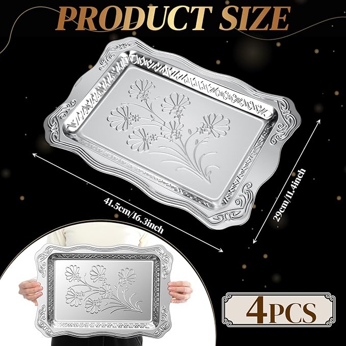 4 Pack 16.3" x 11.4" Large Silver Serving Trays for Dessert Table Stainless Steel Silver Platters Floral Engraved Mirror Serving Platters for Wedding, Cookies, Desserts, Party Food Display