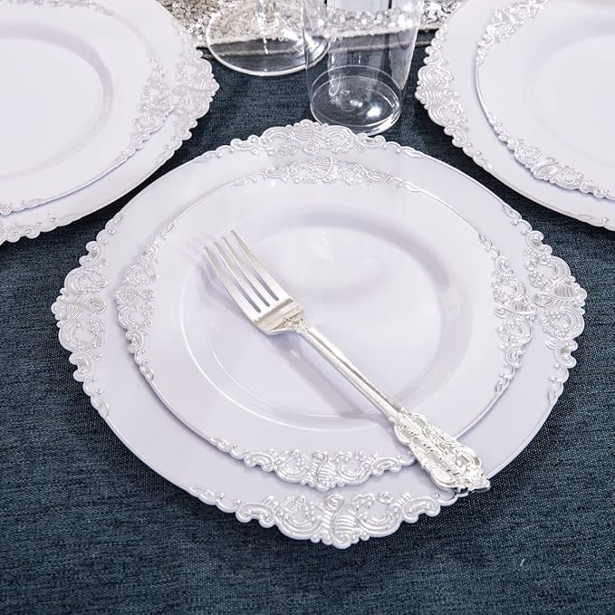 Hioasis 100pcs White Silver Plastic Plates for Party - 7.5" Dessert Plates Disposable, Heavy -duty, Classy and Elegant for Wedding