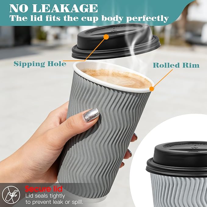 Ginkgo 100 Pack To Go Paper Coffee Cups With Lids, 16 oz Disposable Double-Walled Ripple Insulated Hot Cups for Hot Drinks, Lattes, Travel Cups, Large, Gray