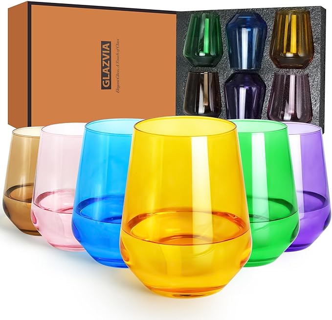 Multi Colored Stemless Wine Glasses Set of 6, 15oz Drinking Glassware Dishwasher Safe, Wine Glass Tumblers for Red or White, Gift for Party, Holiday, Anniversary, Restaurant, Bar, Daily Use