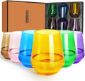 Multi Colored Stemless Wine Glasses Set of 6, 15oz Drinking Glassware Dishwasher Safe, Wine Glass Tumblers for Red or White, Gift for Party, Holiday, Anniversary, Restaurant, Bar, Daily Use