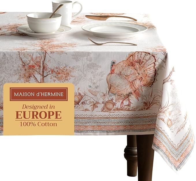 Maison d' Hermine Table Cloth Rectangle Table 100% Cotton 70 x 90 Inches Fall Tablecloth Reusable Everyday Use for Thanksgiving Christmas Decorations Dining Farmhouse Party (Giving Thanks)