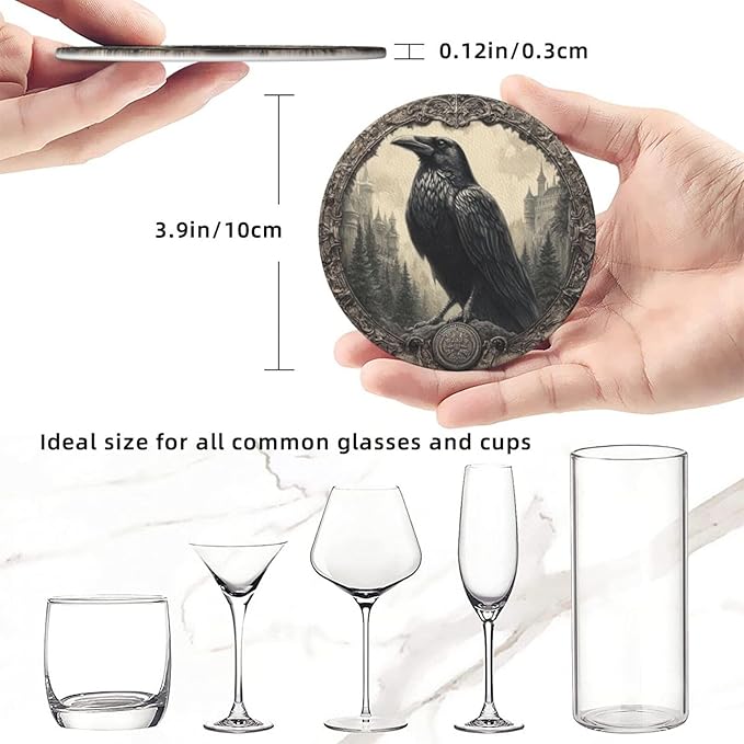 Raven Coasters for Drinks with Holder Round Leather Coasters Set of 6 Cups Mugs Mat Pad for Home Kitchen Bar