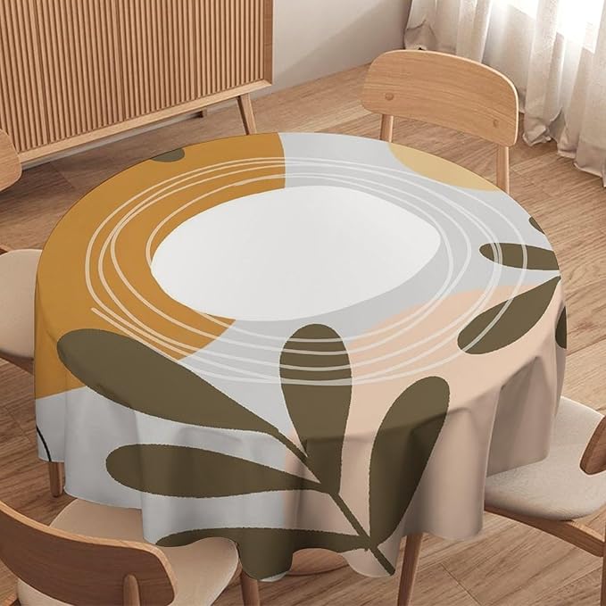 Boho Mid Century Round Tablecloth, Bohemian Abstract Modern Leaves Tablecloth for Home Party Dining Room Kitchen Decor 36Inch(90cm)