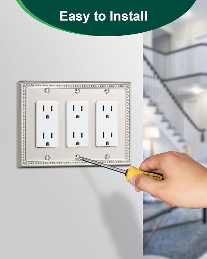 2-Pack Triple Decorator Outlet Cover Plate, Brushed Nickel Pearls Decorative Switch Plates and Outlet Covers, Metal Wall Plates for Electrical Outlets.