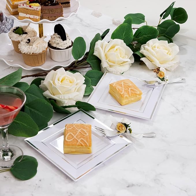 WDF Silver Plastic Dessert Plates with Plastic Forks - 6” 100 Square Disposable Appetizer Plates Small Plates Cake Plates with Silver Rim &100 Small Appetizer Forks for Party Wedding Valentine's Day