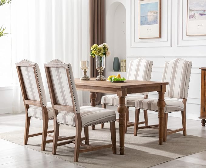 CIMOTA Mid Century Modern Dining Chairs Set of 4, Farmhouse Upholstered Dining Room Chairs Comfortable Kitchen Side Chairs with High Back/Natural Solid Wood Frame, Linen Brown/Beige Stripe