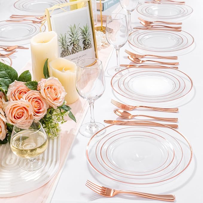 bUCLA 150PCS Clear Rose Gold Disposable Dinnerware set - Rose Gold Plastic Plates Include 25 Dinner / 25 Dessert Plates, 25 Knives, 25 Forks, 25 Spoons, 25 Cups for Party, Wedding & Valentines Day