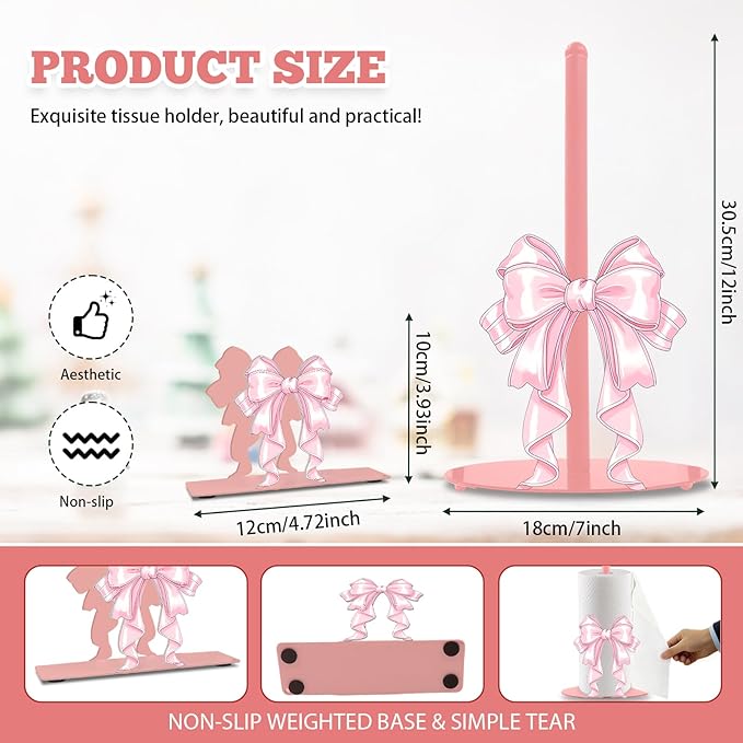 Pink Bow Paper Towel Holder, Pink Countertop Kitchen Decor Indoor with Round Base, Bows Lover Gifts, Iron Bow Napkin Holder Stand Accessories for Bathroom Kitchen Dining, 2 PCS