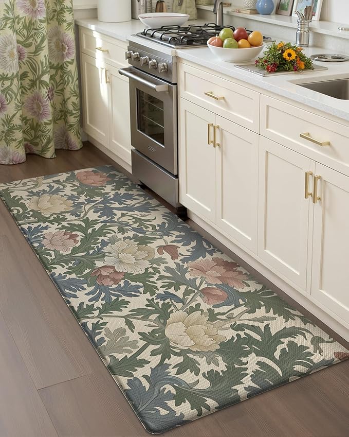 Color&Geometry Floral Kitchen Mat 24"x59", Anti Fatigue Mats for Kitchen Floor, Kitchen Rugs Non Slip, Waterproof & Oil Proof Kitchen Runner for Standing Desk Office, Sink - Floral Beige