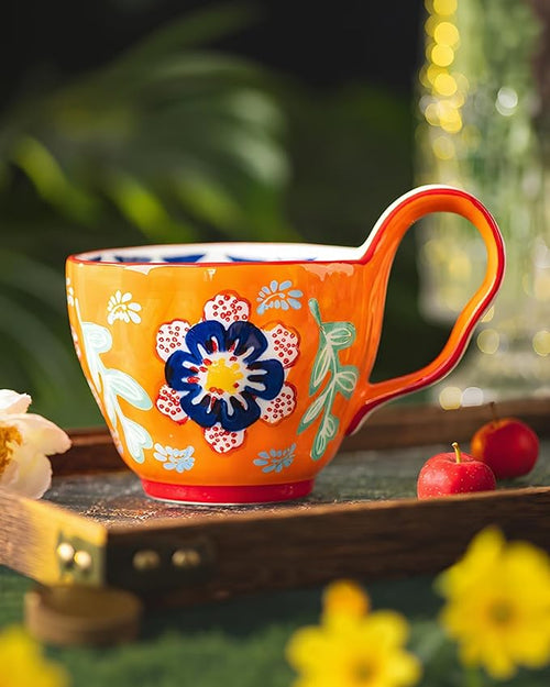 25oz Ceramic Soup Bowl with Handle – Handcrafted Floral Pottery Cereal & Ramen Bowl – Large Microwave & Dishwasher Safe Decorative Bowl for Everyday Use or Gift (Sunset Fiesta, 20oz)