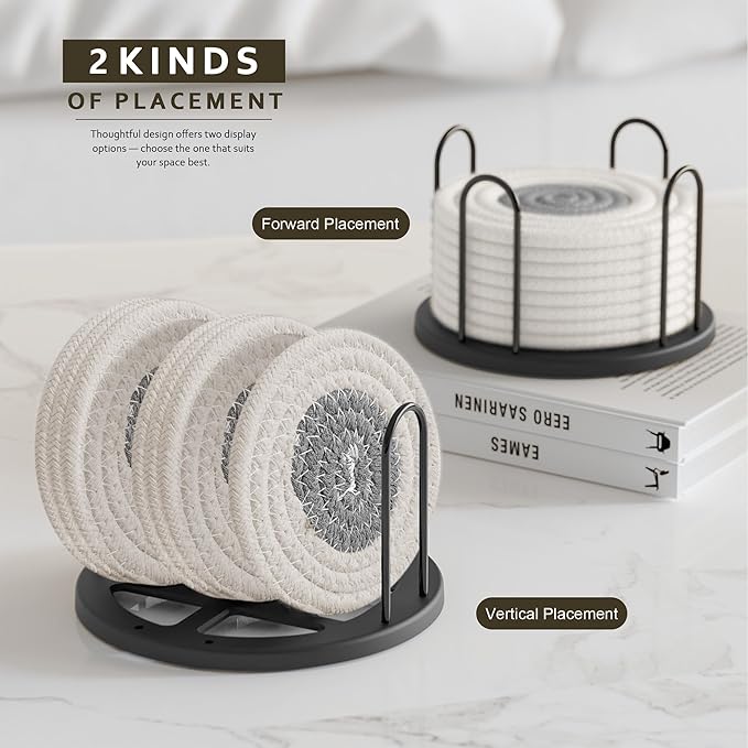 Coasters Set of 8 for Drinks, Beer, Coffee, Cotton Woven Absorbent Coaster with Holder, Boho Coasters for Home Decor Tabletop Protection Suitable for Kinds of Cups, White & Grey