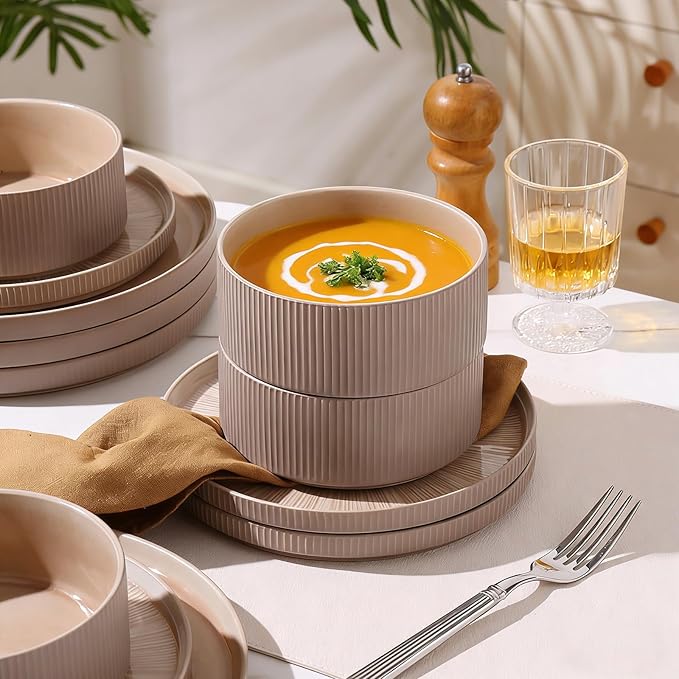 Dinnerware Sets for 8, Ceramic Plates and Bowls Set 24 Piece Dinnerware Chip Resistant Stoneware, Dishwasher and Microwave Safe-Brown