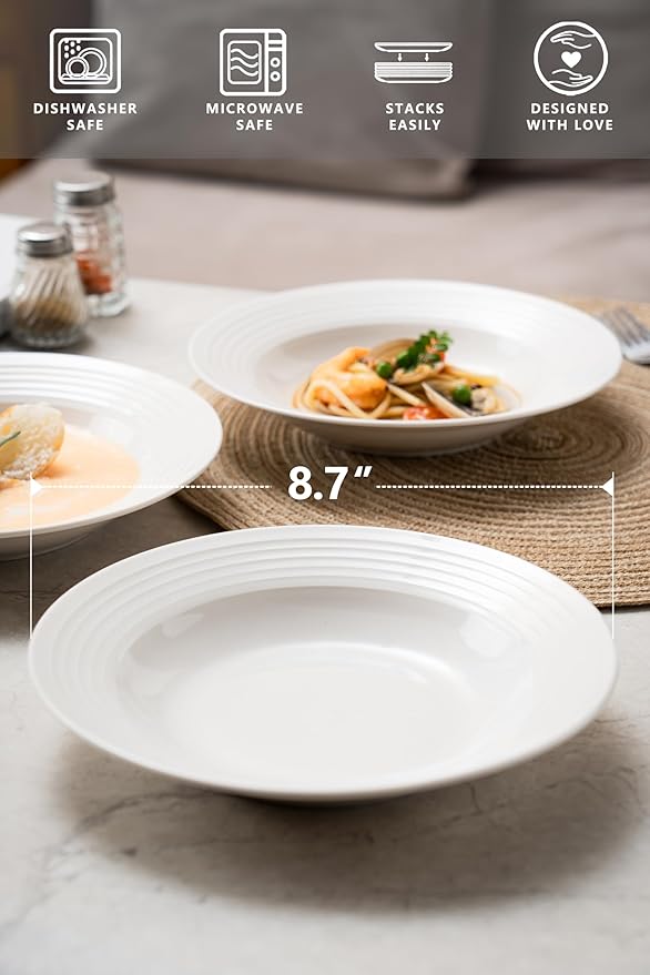 8.7-inch Wide Rim Ceramic Soup Bowl - Lead-Free White Pasta Bowls for Spaghetti, Salad, Stew, Rice Microwave & Dishwasher Safe - Scratch-Resistant & Heatproof Design Set of 4