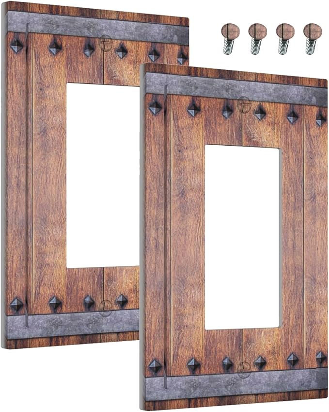 Outlet Covers Rustic Farmhouse Barn Door Vintage Wood 1 Gang Wall Plate Single Rocker Light Switch Cover Decorative GFCI Receptacle Electrical Switchplate for Bathroom Cabin Decor（2 Pack）