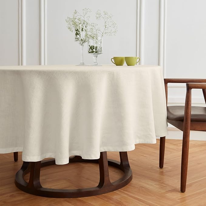 Solino Home Linen 60 Inch Round Tablecloth - 100% Pure Linen Ivory Round Tablecloth - Machine Washable Table Cloth for Spring, Easter - Sonoma