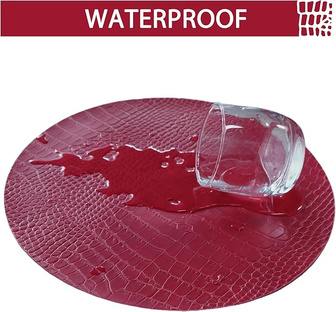 Jovono Round Leather Placemats for Round Tables Set of 8, Red Place Mats and Coasters, Wipeable Waterproof Heat Resistant Table Mats Easy to Care for Indoor Decor 13 inch Diameter