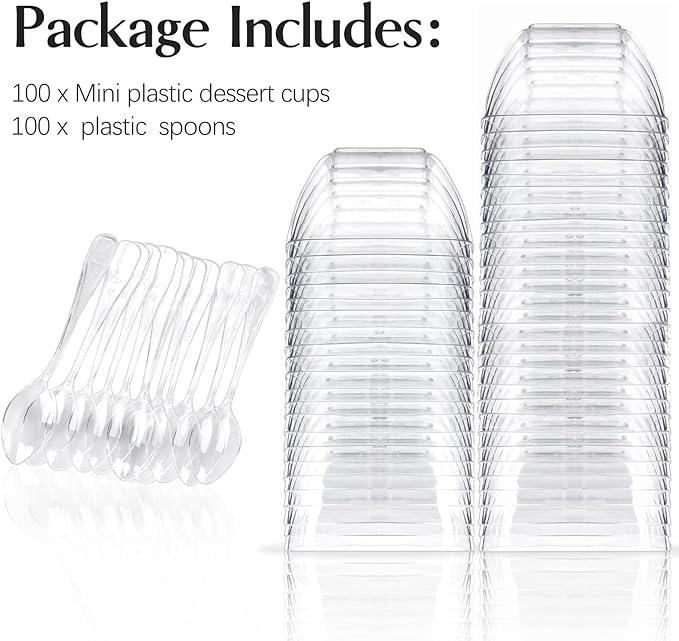 TOFLEN 100ct 2 oz Mini Dessert Cups with Spoons, Clear Plastic Reusable Small Party Serving Cups for Appetizers, Hors D'oeuvres Plates
