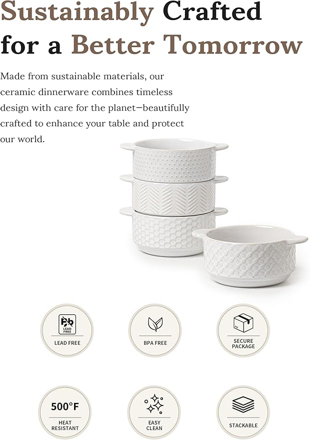 Soup Bowls with Handles, 20oz Embossed Ceramic Bowl Set of 4 – Oven & Microwave Safe, Ideal for Stew, Chili, Cereal – Textured Deep Bowls for Everyday Comfort