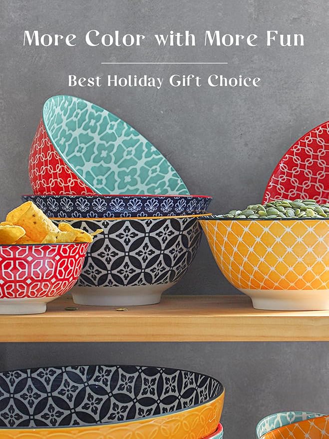DOWAN Mosaian 33 OZ Large Bowl Set of 6 - Ceramic Deep Bowls for Ramen, Pasta, Salad - Vibrant Patterned Porcelain Bowls for Kitchen Decor & Housewarming Gift - Dishwasher & Microwave Safe