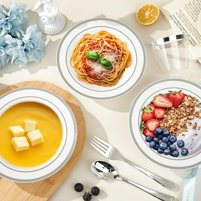 BESTVIP 200 Pack Plastic Bowls with Silver Rim, 12 oz Disposable Soup Bowls, Heavy-duty Dessert Fruit Bowl for Party, Wedding, Christmas, Dinner Catering