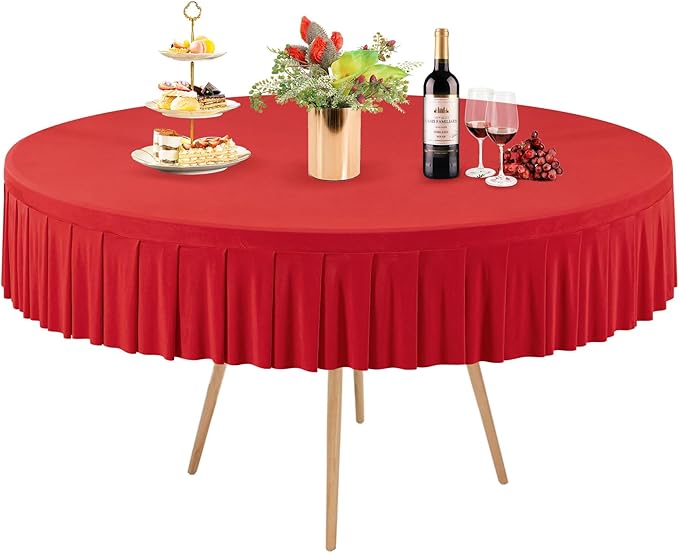 1 Pack Red Spandex Round Tablecloths for 72in Table, Stretchy Fitted 6FT Round Table Cloths, Wrinkle Free Table Cover with Skirt for Wedding Birthday Party Bridal Shower Banquet