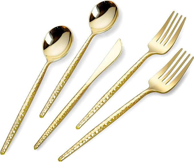 SUT 150 PCS Gold Plastic Silverware, Gold Disponsable Utensils, Plastic Silverware Heavy Duty, Includes 50 Knives, Forks and Spoons, Hammered Disponsable Cutlery for Wedding, Birthday, Party