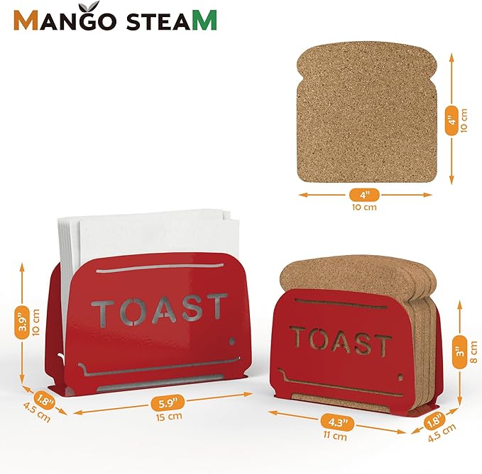 Mango Steam Napkin & Coaster Holder Set, For Home or Kitchen (Toaster, Red)