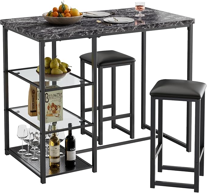 VECELO Small Bar Table and Chairs Set for 2, Upholstered Stools & Glass Storage Shelves, for Kitchen Dining Breakfast Nook, Space-Saving, Faux Marbled & Black