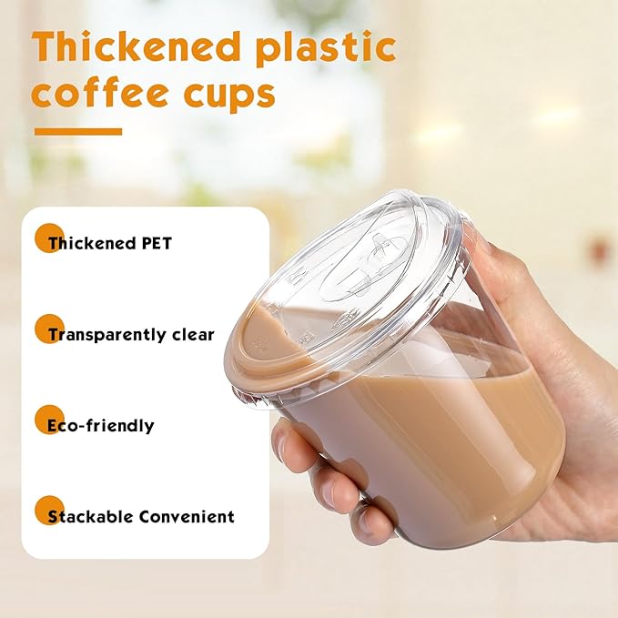 50 Sets 12 oz Clear Plastic Cups with Strawless Sip Lids, Thickened Clear Disposable Plastic PET Crystal Cups for Iced Coffee, Smoothie, Cold Beverage, Drink Shops and Party Catering
