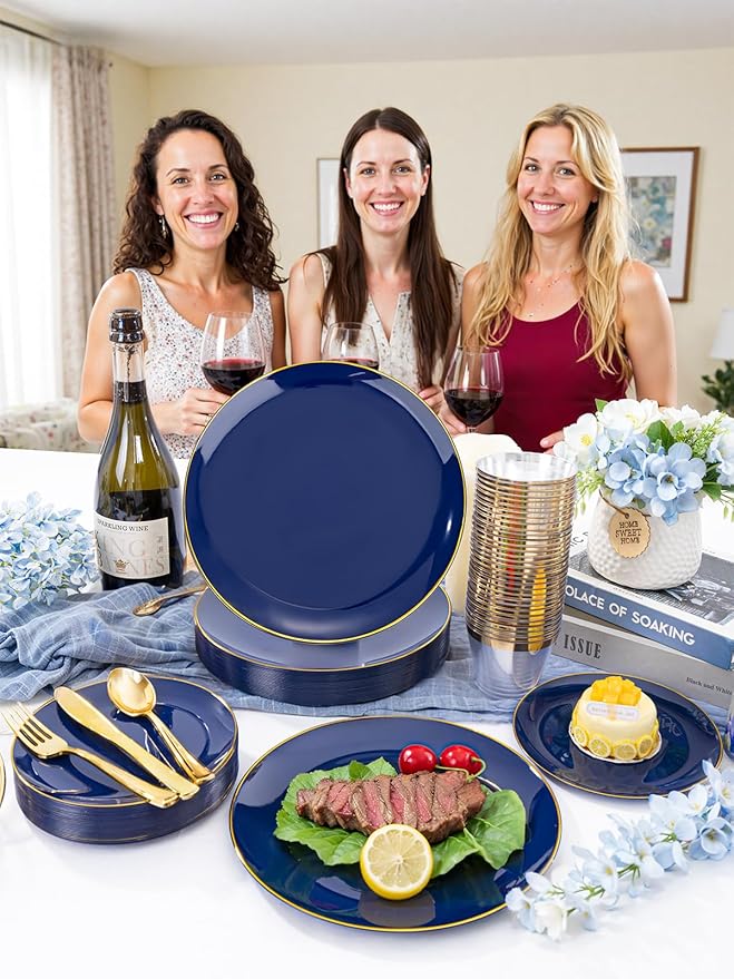 WDF 150pcs Blue plastic Plates - Navy Blue Plates Disposable - 25guest Disposable Dinnerware Sets for Hanukkah/Party/Wedding/Birthday