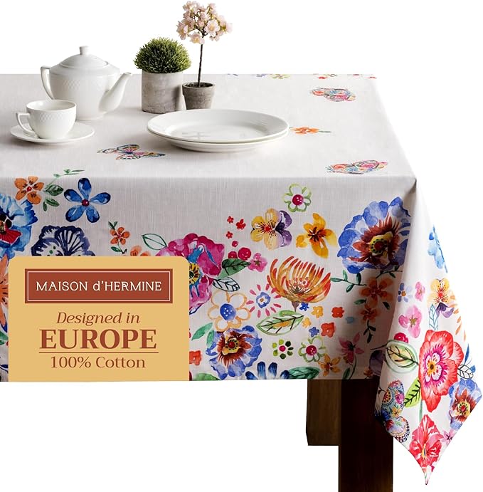 Maison d' Hermine Table Cloth Rectangle Table 100% Cotton 60 x 108 Inches Tablecloth Reusable Decorative for Dining Room Farmhouse Valentines Day Decorations Spring Summer- Happy Florals - High Summer
