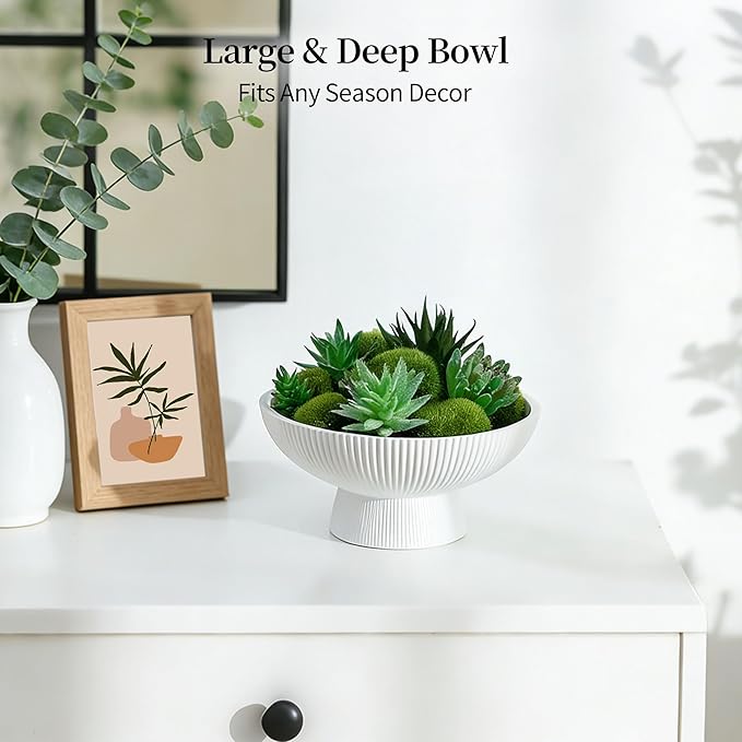 Hanobe Decorative Bowl Entryway Table: Coffee Table Decor for White Fluted Dough Pedestal Bowls - Modern Farmhouse Decor Marble Bowl for Pottery Barn Decor - Footed Key Holder for Home Kitchen Counter