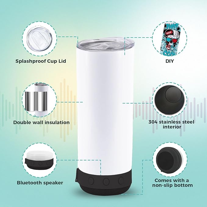 1 Pack 20oz Black Music Speaker Sublimation Blank Tumbler,Straight with Straw and Lid,Speaker Tumbler Cup with Detachable for Valentine's,Father's Day,Mother's Day,Birthday Gift