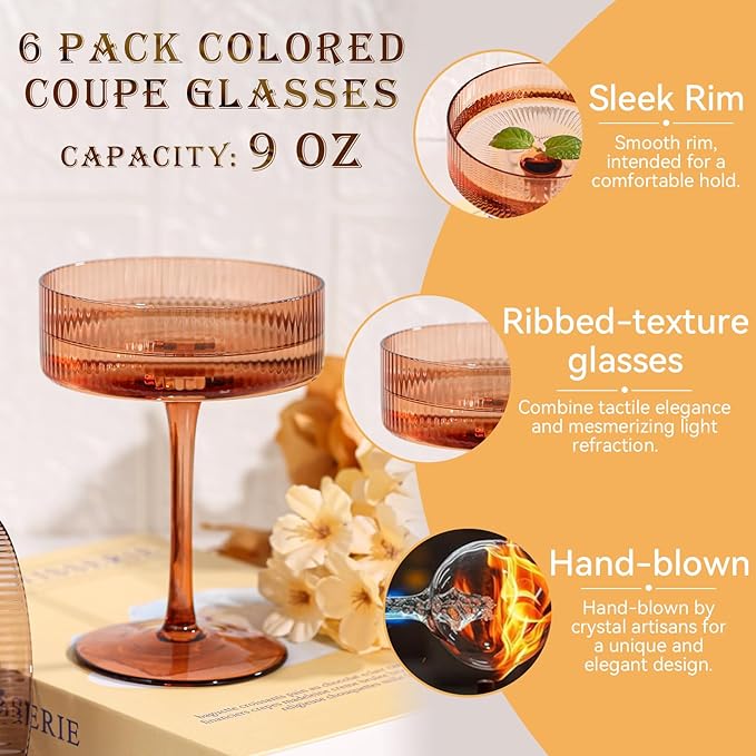9 oz Brown Coupe glasses Set of 6-Hand Blown Venus ribbed vintage coupe glasses-Brown martini glasses for espresso dessert