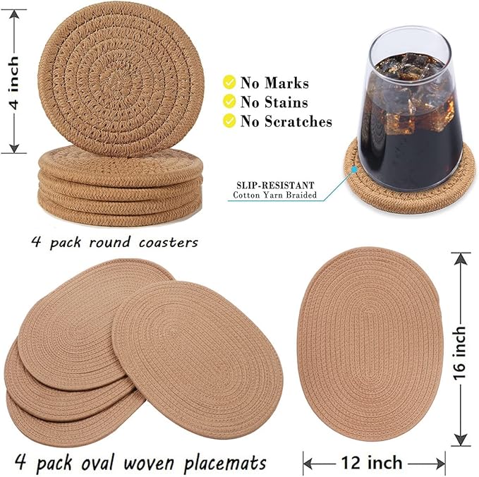 4 Pack Oval Woven Placemats and Set of 4 Round Fabric Coasters, Cotton Braided Tablemat Set, Heat-Resistant Pot Holders, 11.5 * 15.8'' Washable Plate Chargers for Christmas Table Decoration