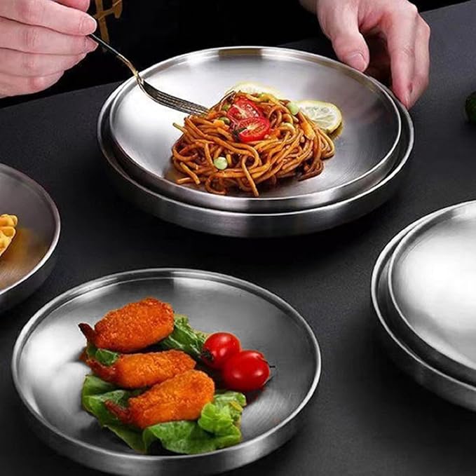 Stainless Steel Plates 6 Pcs Metal Double Layered Dinner Plates Unbreakable Dinner Dishes Set for Kitchen Home Camping Outdoor Party BBQ (7.5 inch)