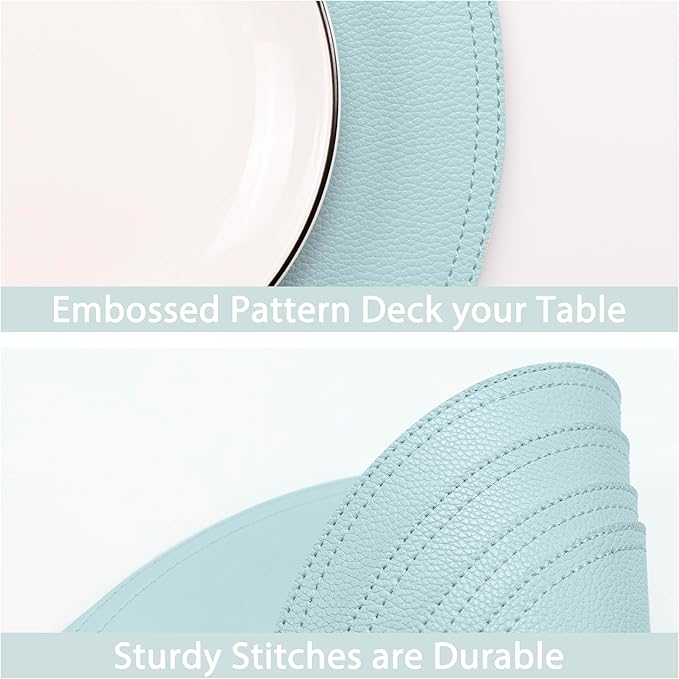 Faux Leather Round Placemats and Coasters, Coffee Mats Kitchen Table Mats, Waterproof, Easy to Clean for Kitchen Dining Round Table, Set of 4