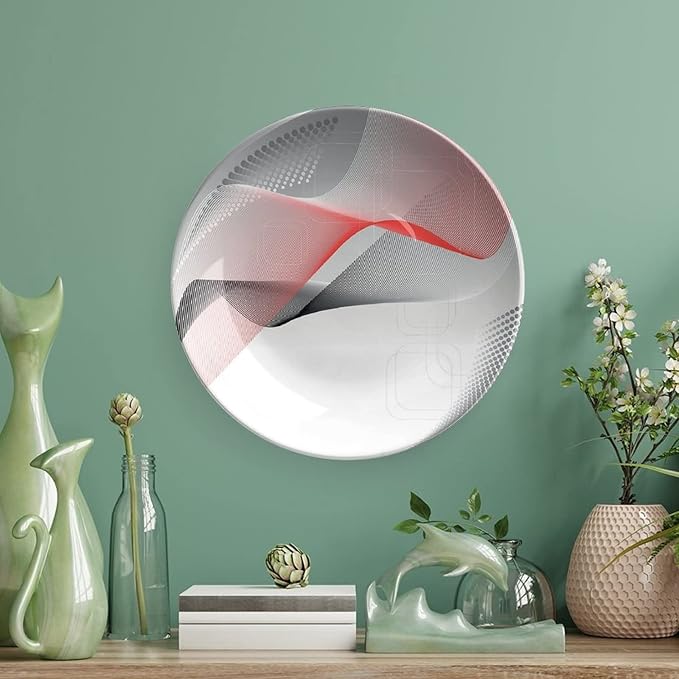 Ceramic Display Plate, Abstract Ceramic Hanging Decorative Plate, Modern Geometric Squares Dots Curves Waves, 8 Inch, Household Custom Ceramic Plate, Red Grey Black
