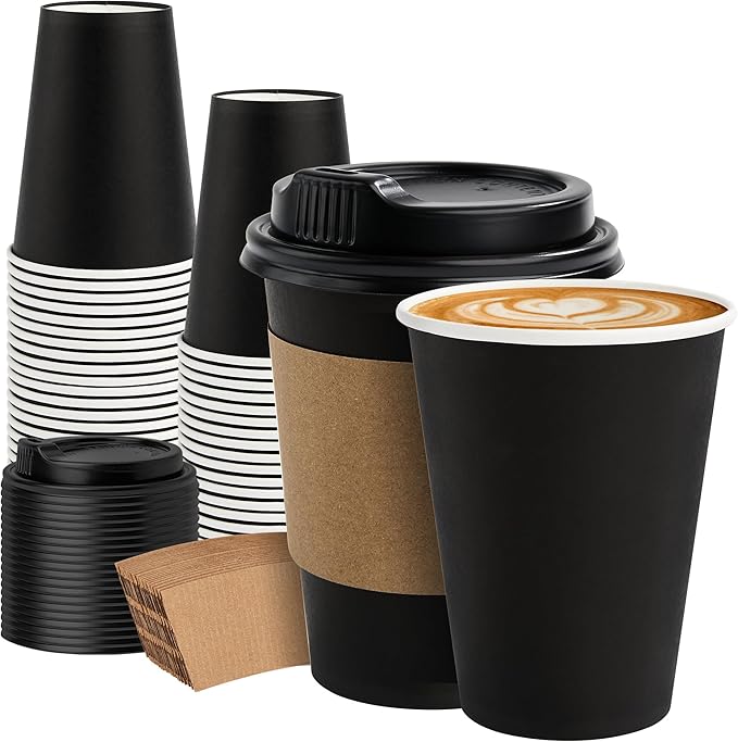 50 Pack 12 oz Disposable Coffee Cups with Lids and Sleeves, Sturdy Paper Cups for Hot/Cold Drinks, Leak-Proof To Go Coffee Cups with Lids for Home, Café, Events, Office, Black