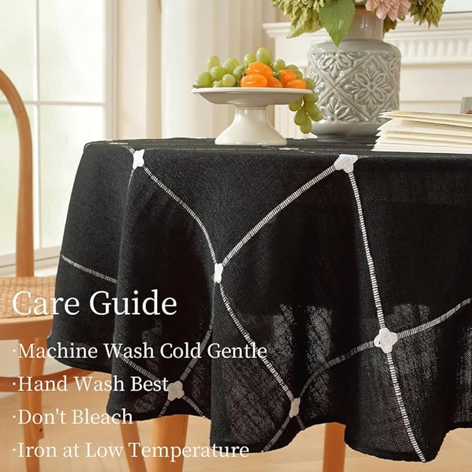 Zobesta Linen Table Cloth Round Tablecloth 53 inch, Washable Farmhouse Soft Boho Black Plaid Round Table Cloth for Party, Holiday, Picnic, Dining, Outdoor