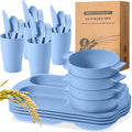 Tanlade 24 Pcs Wheat Straw Dinnerware Cutlery Sets, Divided Plates Unbreakable Bowl Microwave Dishwasher Safe Tableware Cutlery Spoon Knife Fork Cup(Blue)