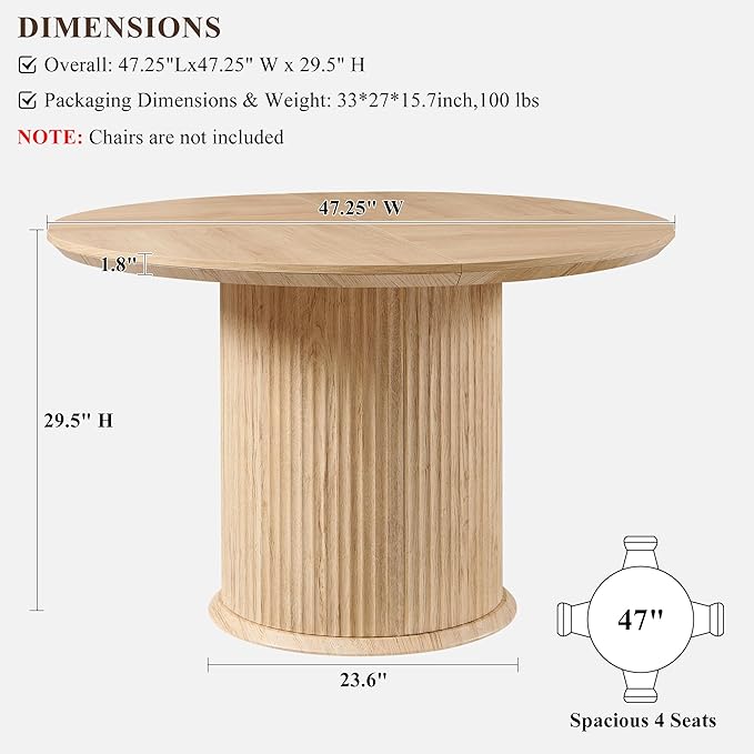 T4TREAM 47" Fluted Round Dining Table for 4-6, Mid-Century Modern Kitchen Table with Thickened Edge & Cylindrical Base for Dining Room, Kitchen, Living Room,Natural Oak(Table Only)