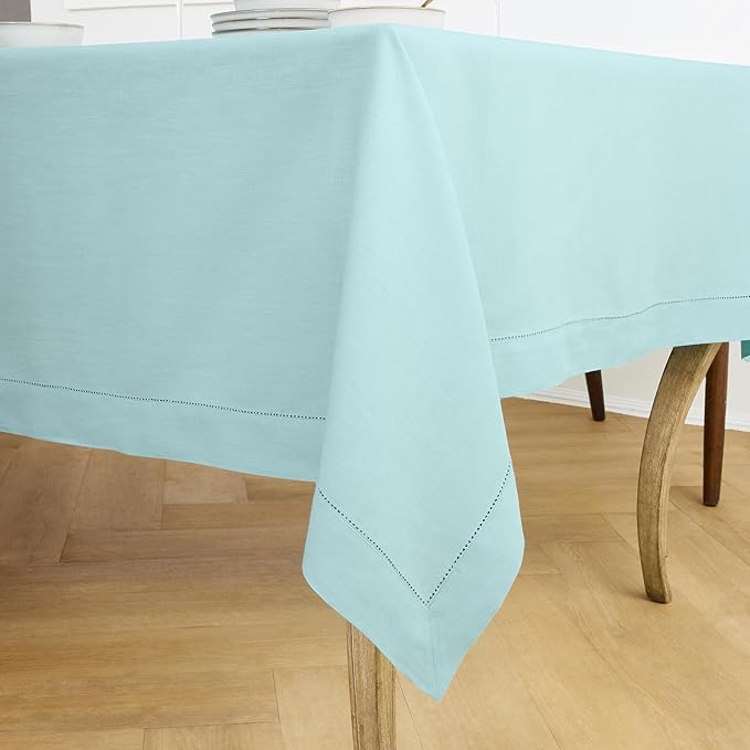 Solino Home Linen Tablecloth for Rectangle Tables 60 x 108 Inch - Classic Hemstitch 100% Pure Linen Aqua Blue Table Cloth - Machine Washable Cloth Tablecloth for Spring, Easter