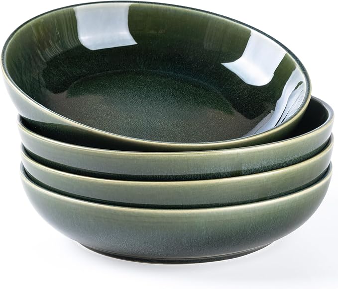 AmorArc 8.5'' Large Ceramic Pasta Bowls, 36oz Stoneware Pasta Serving Bowls Set of 4 for Kitchen, Wide Bowls for Pasta,Salad,Oatmeal, Microwave Safe, Reactive Glaze-Earth Green
