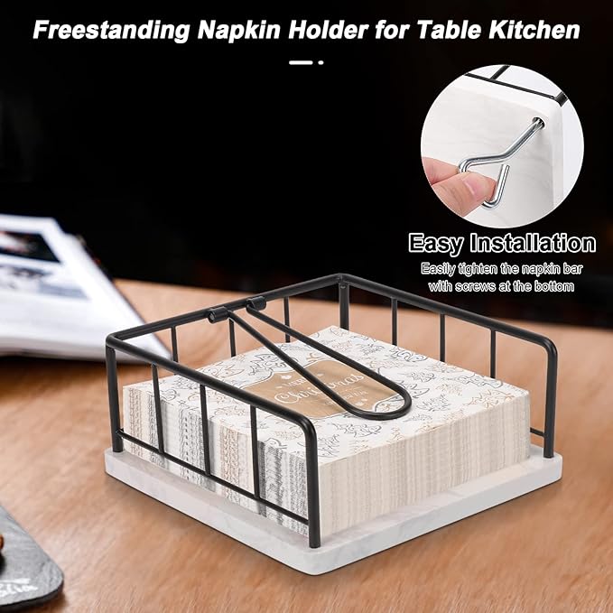 Livabber Flat Napkin Holder, Metal Kitchen Napkin Storage with Weighted Tension Arm Rustic Tissue Paper Dispenser for Countertop, Table Kitchen, Dining Room (With Marble Base, Black)