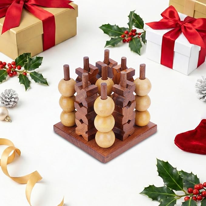 Ajuny 3D Wooden Tic Tac Toe Board Game for Indoor, Outdoor, Travel Rustic Coffee Table Decor Games - Ideal Gift for All Ages Strategy 2 Players Night, Family Game