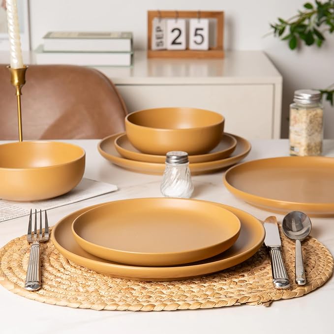 12-Piece Stoneware Dinnerware Set with Mugs | Microwave and Dishwasher Friendly | Stackable Matte Glaze Plates & Bowls | Service for 3 (Orange for 4)