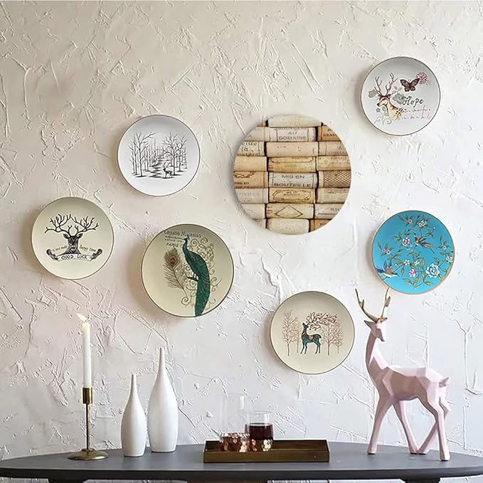 Ceramic Display Plate, Winery Ceramic Hanging Decorative Plate, Different Wine Corks Arranged in Line Collections, 6 Inch, Living Room Kitchen Decoration Household, Ivory Pale Brown